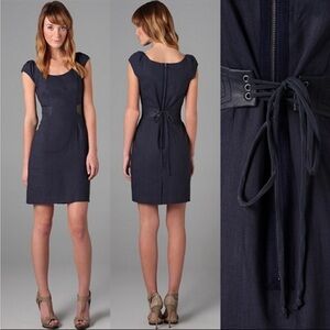 Rebecca Taylor Navy Linen Blend Dress with Lamb Leather Sides & Corset Back 8